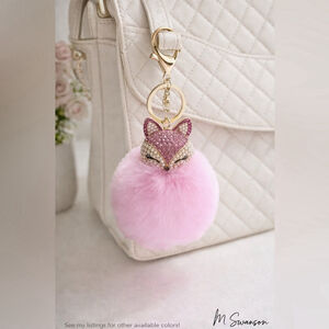 NEW Fluffy Fox Bag Charm Keychain - Light Pink - Pearl & Rhinestone Pom Pom NWT